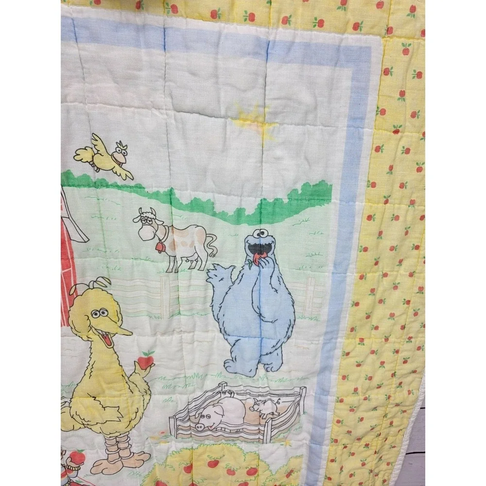 Vintage Sesame Street crib Quilt 42x32 Handmade Farm Theme Yellow Floral edging,
